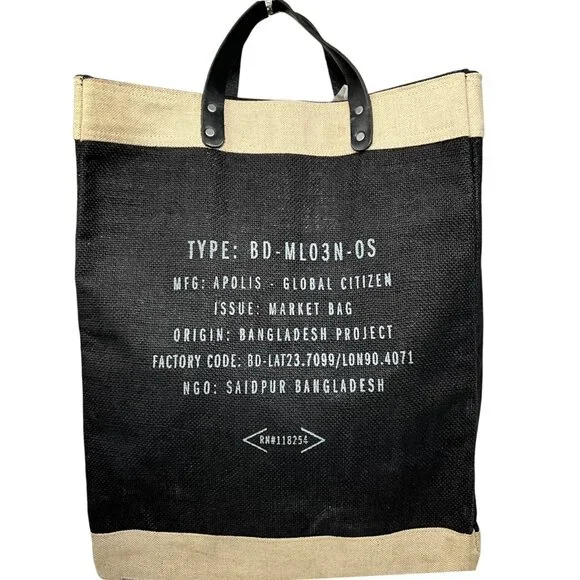 Apolis Jute Market Bag Tall Black Hamilton Bermuda Leather Handles - Picture 6 of 10